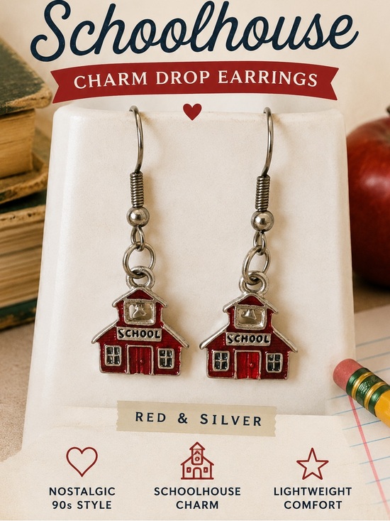 Schoolhouse Jewelry - 3/$20 Vintage 90s/Y2K Schoolhouse Charm Drop Earrings in Red and Silver